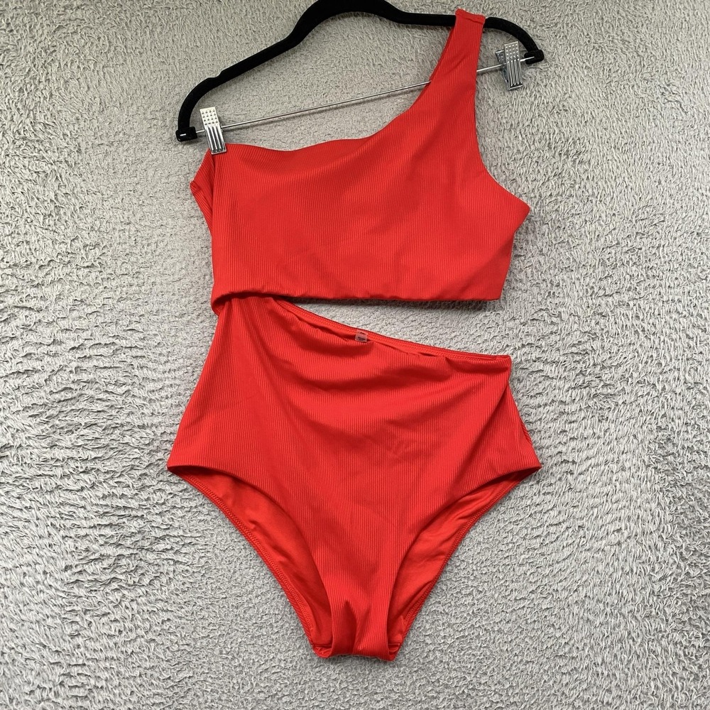 Victoria's Secret Swimsuit Womens Large Red Ribbed One Shoulder Cutout One Piece